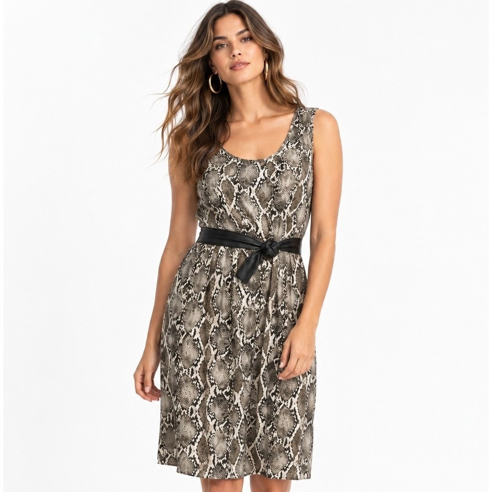 H&M Snakeskin Print Belted Sleeveless Midi Dress Neutral Gray Tan Medium NWT